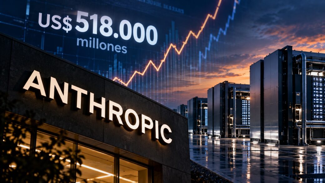 Entorno corporativo tecnológico genérico que sugiera infraestructura de cómputo y tensión financiera, sin identificar edificio real de Anthropic.