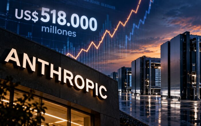 Entorno corporativo tecnológico genérico que sugiera infraestructura de cómputo y tensión financiera, sin identificar edificio real de Anthropic.