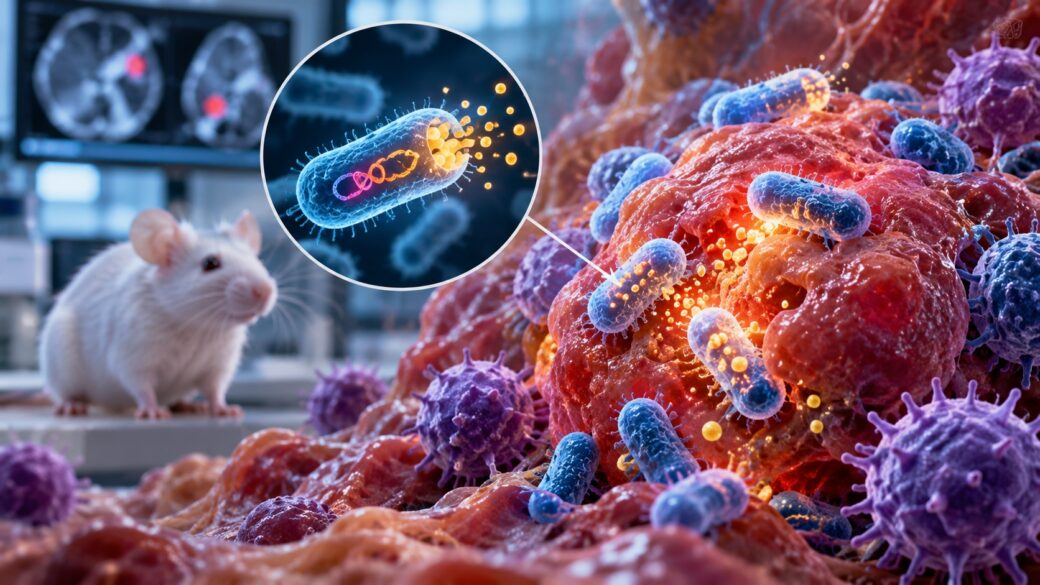 Laboratorio de investigación biomédica con cultivo bacteriano y equipo de microscopía, evocando el trabajo de ingeniería genética detrás del hallazgo, sin representar el mecanismo celular en sí.