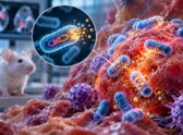 Laboratorio de investigación biomédica con cultivo bacteriano y equipo de microscopía, evocando el trabajo de ingeniería genética detrás del hallazgo, sin representar el mecanismo celular en sí.