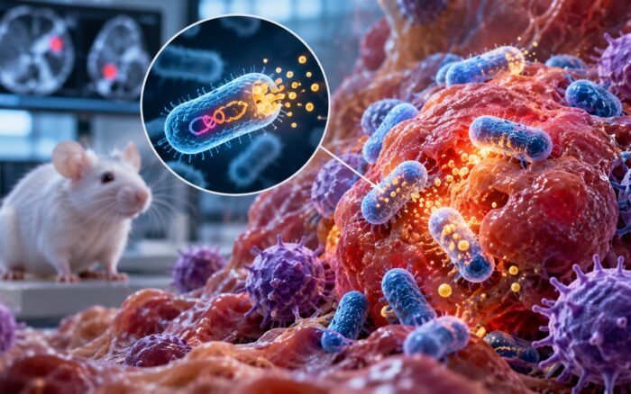 Laboratorio de investigación biomédica con cultivo bacteriano y equipo de microscopía, evocando el trabajo de ingeniería genética detrás del hallazgo, sin representar el mecanismo celular en sí.