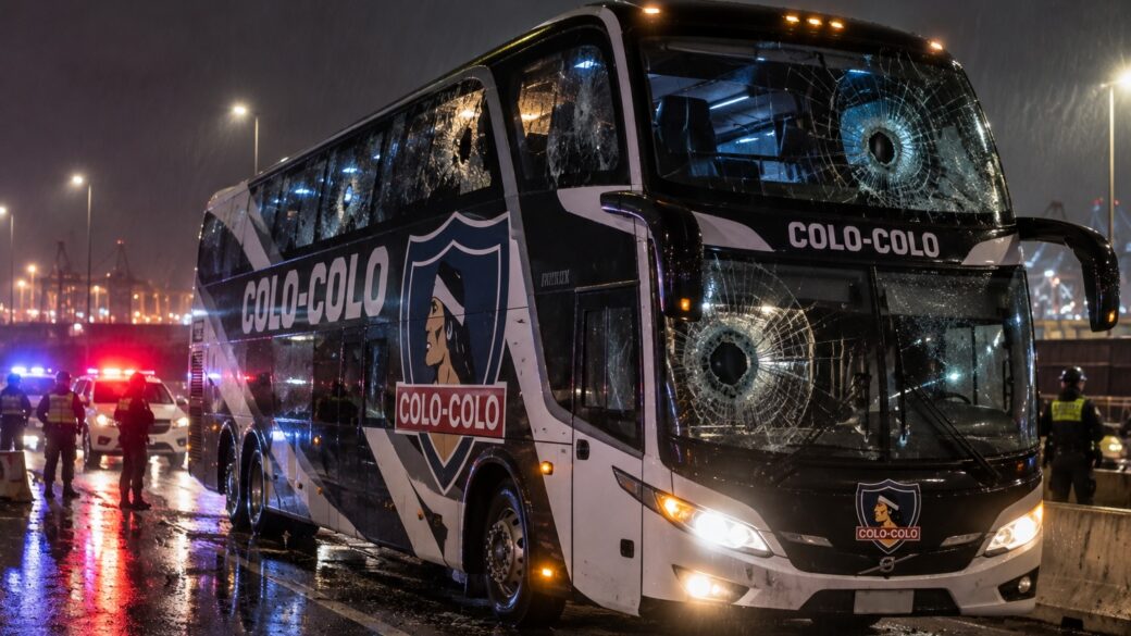 Bus interurbano circulando de noche por una calle de una ciudad costera chilena, evocando el traslado nocturno atacado, sin reconstruir la escena del disparo