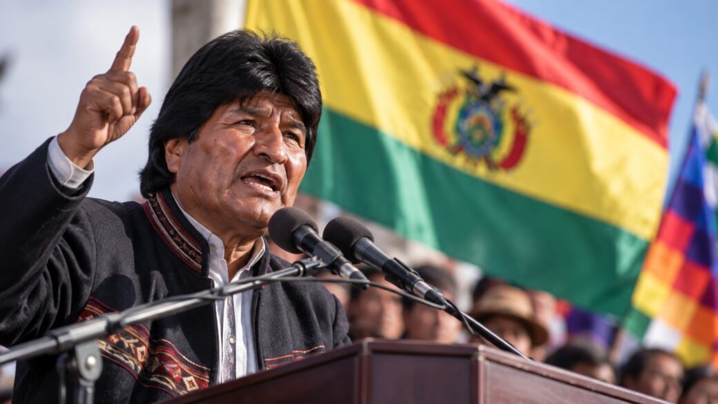 Un contexto institucional chileno-boliviano (banderas de ambos países, entorno andino o edificio de gobierno) que remita al acercamiento diplomático entre Santiago y La Paz, sin representar directamente la amenaza de movilizaciones ni a Morales o Paz.