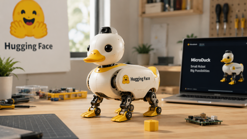 Ilustración de un pequeño robot con forma de pato sobre un escritorio, representando un producto de robótica de código abierto y bajo costo.