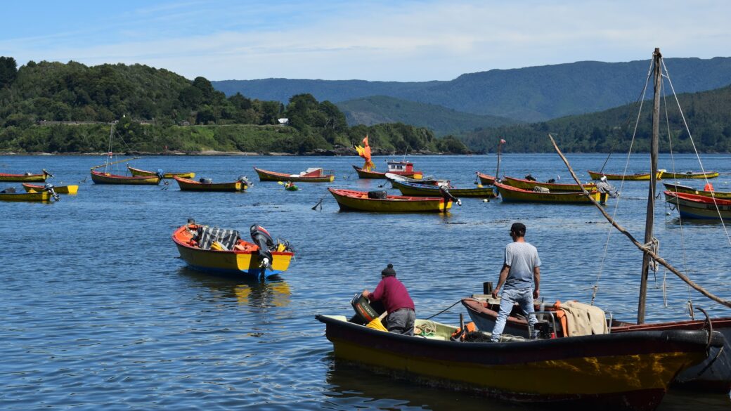 Caleta de pesca artesanal en la costa del Pacífico sudamericano, con botes y redes, evocando el vínculo entre el calor oceánico récord y el impacto en la pesca en Chile y Perú