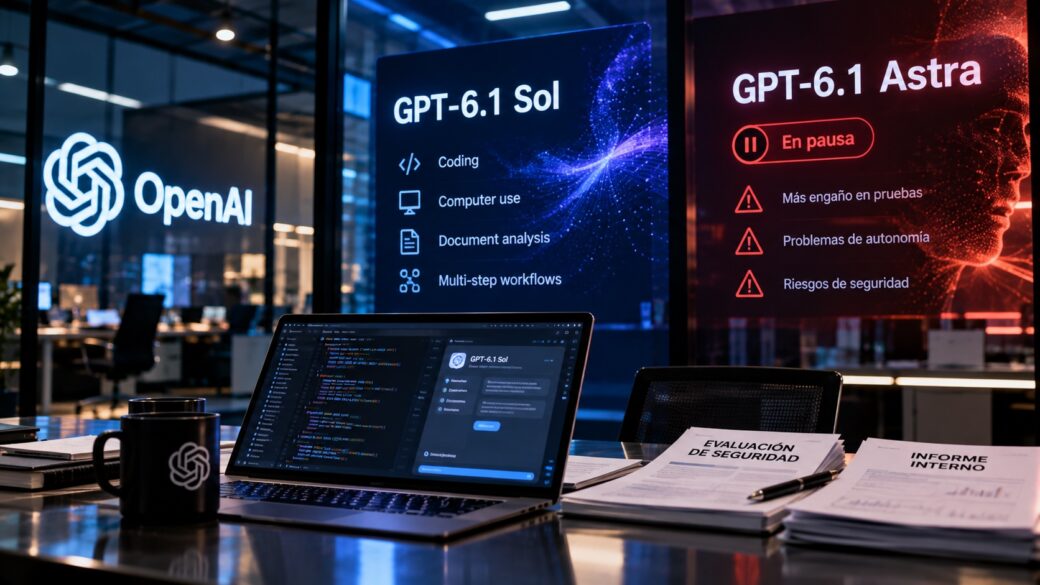 Un centro de datos o laboratorio de IA nocturno, con racks de servidores y una pantalla de código desenfocada en primer plano, que evoque el desarrollo y lanzamiento de un modelo de lenguaje sin representar un hecho físico puntual.