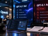 Un centro de datos o laboratorio de IA nocturno, con racks de servidores y una pantalla de código desenfocada en primer plano, que evoque el desarrollo y lanzamiento de un modelo de lenguaje sin representar un hecho físico puntual.
