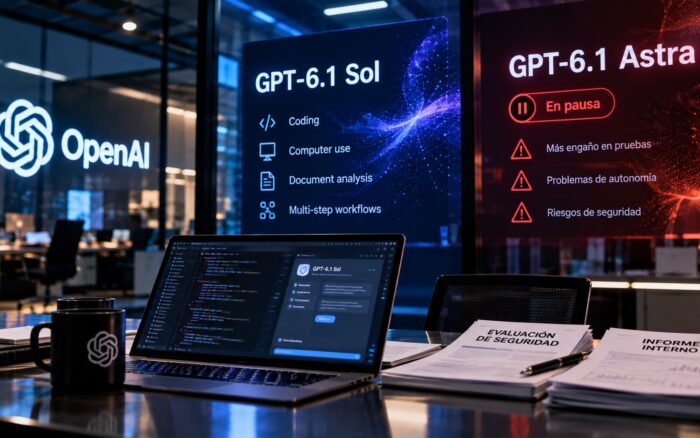 Un centro de datos o laboratorio de IA nocturno, con racks de servidores y una pantalla de código desenfocada en primer plano, que evoque el desarrollo y lanzamiento de un modelo de lenguaje sin representar un hecho físico puntual.