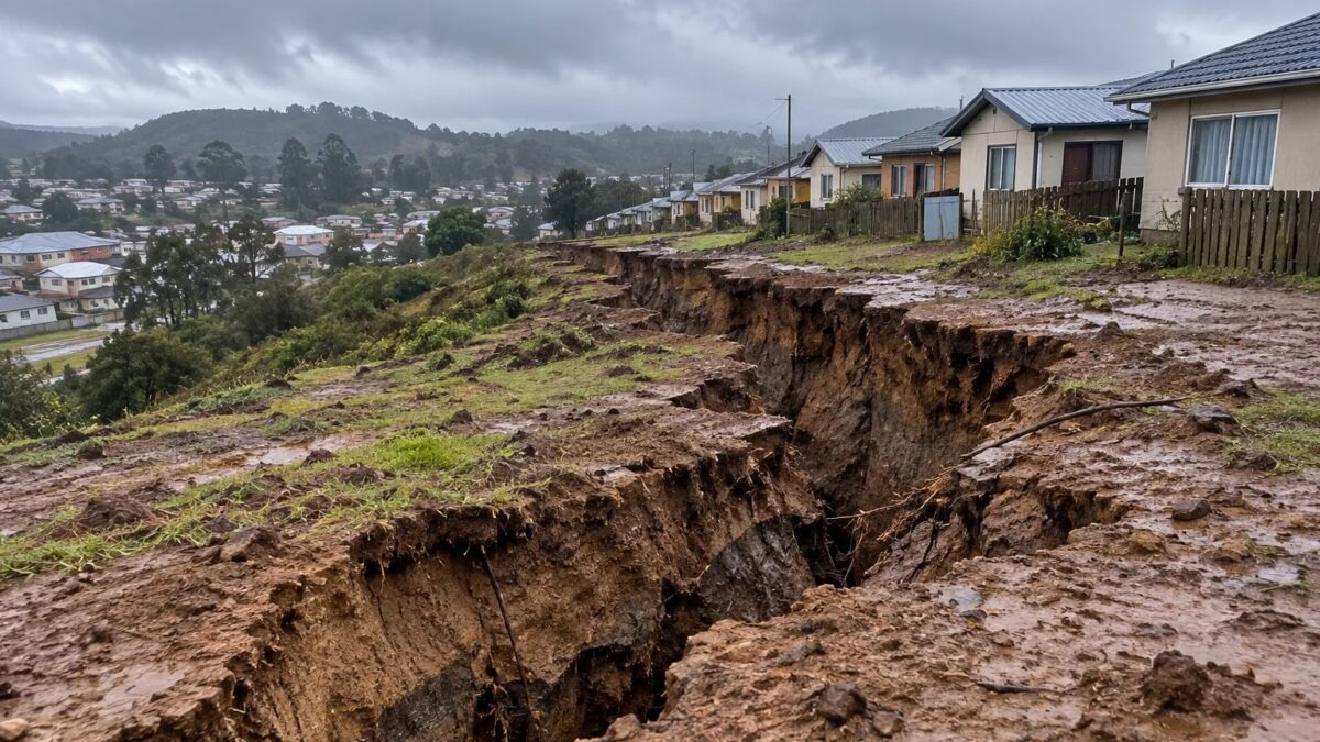 Grieta larga en el terreno junto a viviendas sociales de una villa tras la lluvia