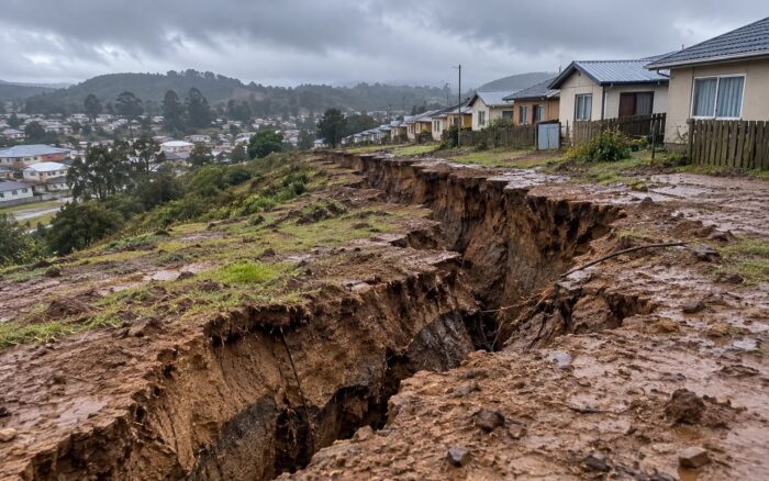 Grieta larga en el terreno junto a viviendas sociales de una villa tras la lluvia