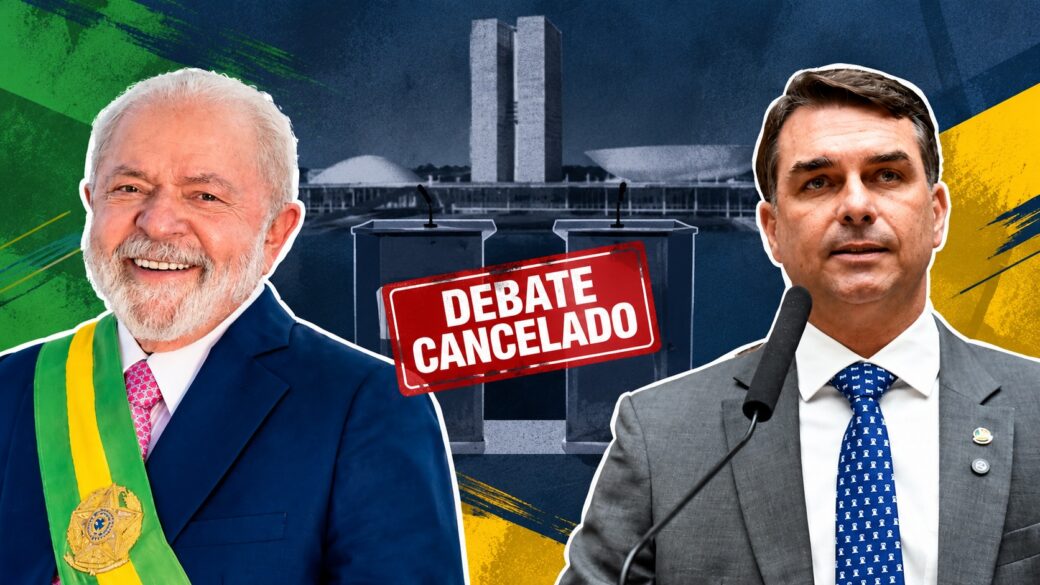 Set de debate televisivo presidencial vacío, con atriles preparados y sin candidatos presentes, comunicando la cancelación de último momento