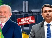 Set de debate televisivo presidencial vacío, con atriles preparados y sin candidatos presentes, comunicando la cancelación de último momento