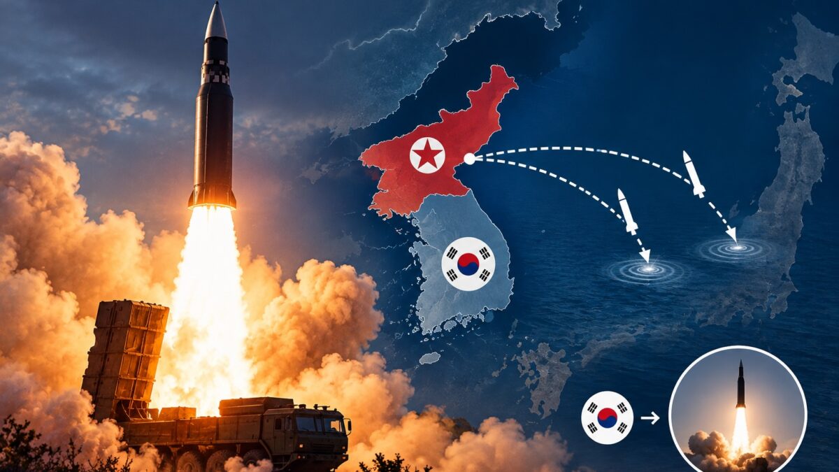 Sala de monitoreo militar con mapas de la península coreana, operadores de espaldas