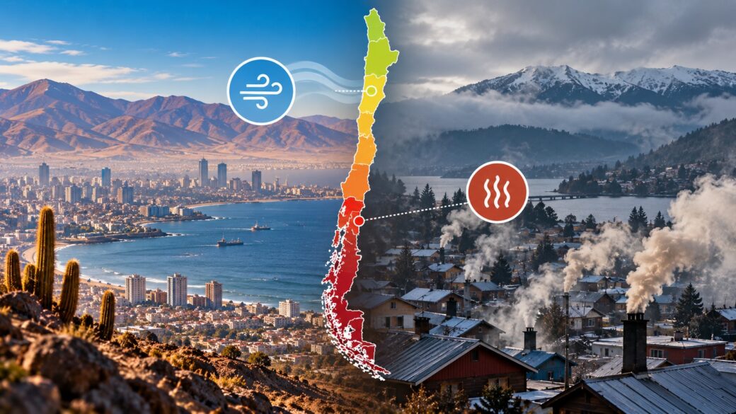 Barrio residencial de una ciudad del sur de Chile en invierno, con humo de chimeneas de leña acumulándose sobre los techos, comunicando contaminación por calefacción residencial sin necesidad de texto.
