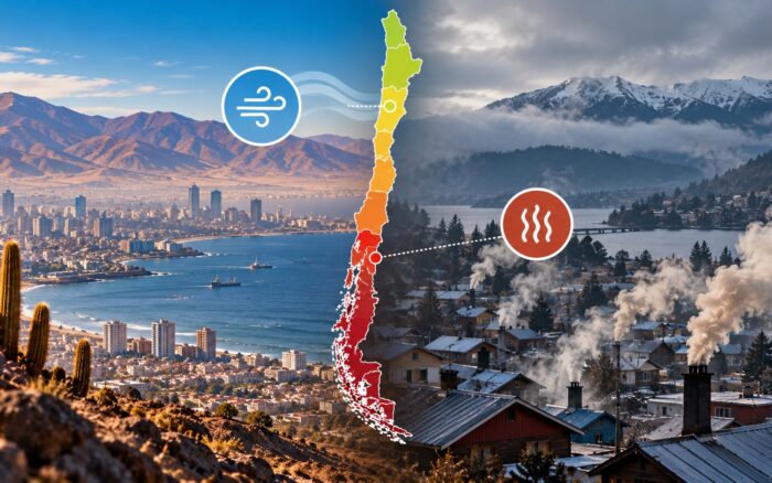 Barrio residencial de una ciudad del sur de Chile en invierno, con humo de chimeneas de leña acumulándose sobre los techos, comunicando contaminación por calefacción residencial sin necesidad de texto.
