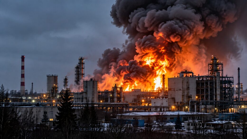 Incendio con densa columna de humo gris sobre un edificio industrial parcialmente destruido tras explosiones en una planta química, con servicios de emergencia en el lugar.