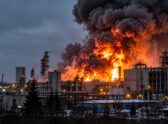 Incendio con densa columna de humo gris sobre un edificio industrial parcialmente destruido tras explosiones en una planta química, con servicios de emergencia en el lugar.