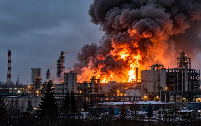 Incendio con densa columna de humo gris sobre un edificio industrial parcialmente destruido tras explosiones en una planta química, con servicios de emergencia en el lugar.
