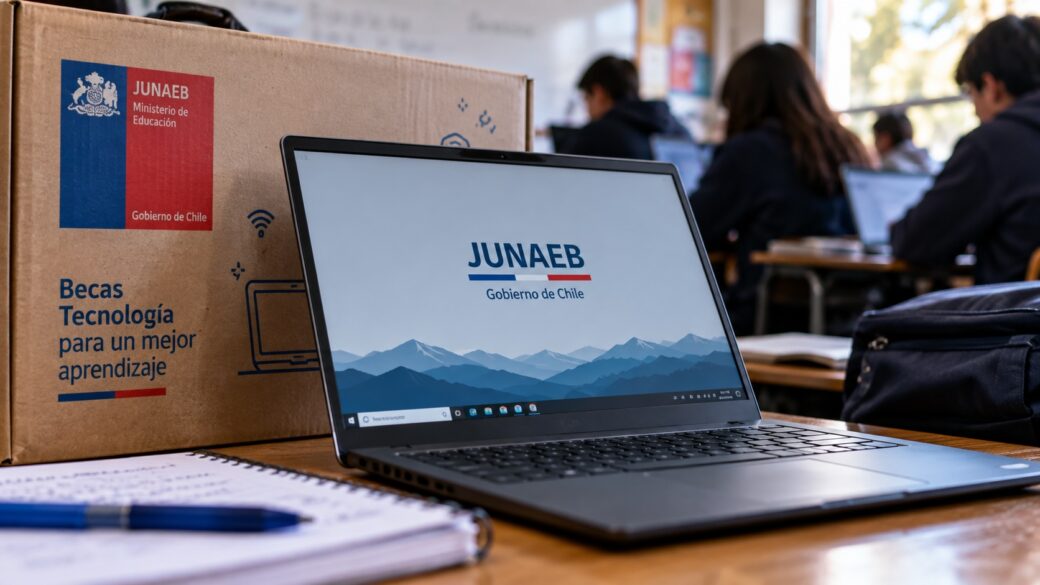Un notebook escolar entregado por un programa estatal de conectividad educativa, en un contexto de aula o mochila, como símbolo del beneficio que se elimina.