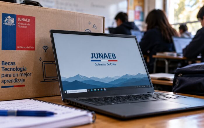 Un notebook escolar entregado por un programa estatal de conectividad educativa, en un contexto de aula o mochila, como símbolo del beneficio que se elimina.