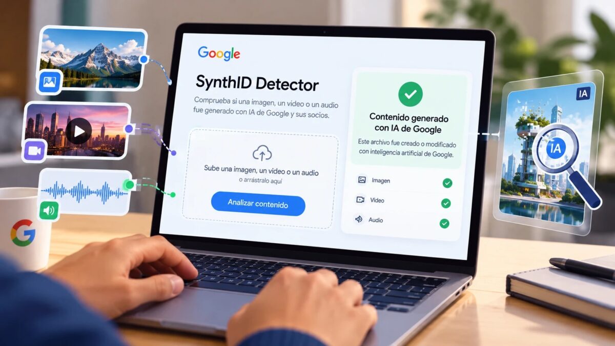 Persona de espaldas subiendo una imagen a una herramienta de verificación en una laptop