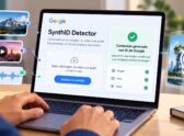 Persona de espaldas subiendo una imagen a una herramienta de verificación en una laptop