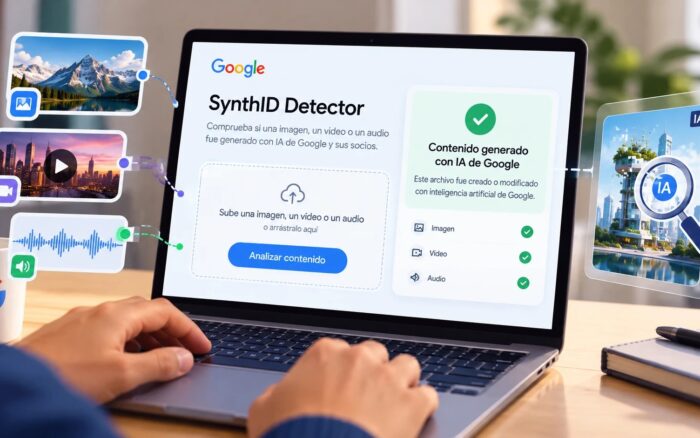 Persona de espaldas subiendo una imagen a una herramienta de verificación en una laptop