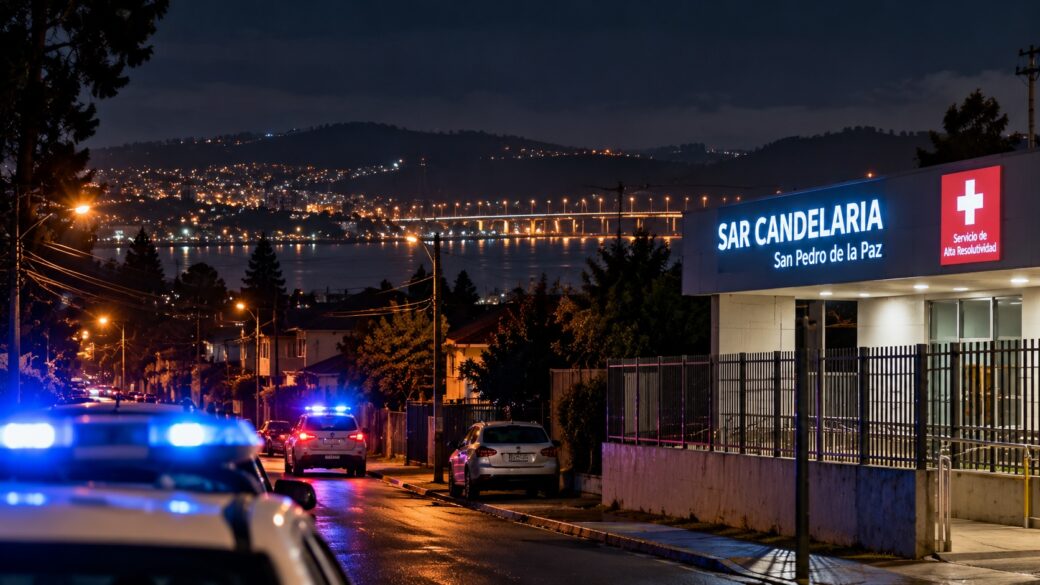 Exterior nocturno de un centro de salud de urgencia tipo SAPU/SAR con una ambulancia y un vehículo policial, evocando el traslado de una víctima de un ataque armado sin reconstruir el hecho ni mostrar personas identificables