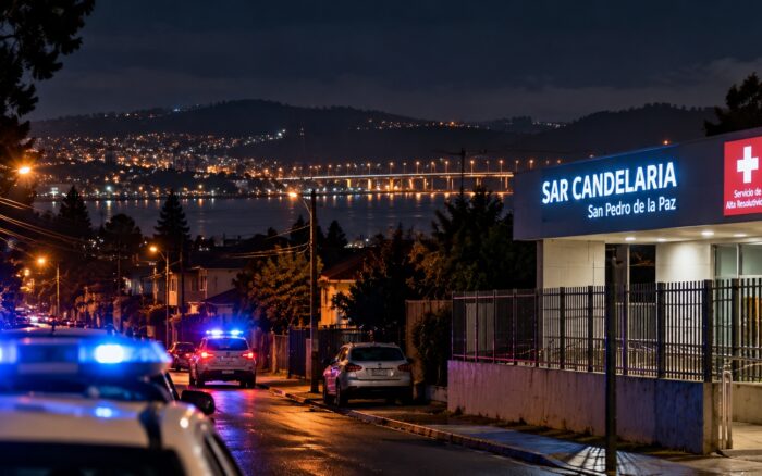 Exterior nocturno de un centro de salud de urgencia tipo SAPU/SAR con una ambulancia y un vehículo policial, evocando el traslado de una víctima de un ataque armado sin reconstruir el hecho ni mostrar personas identificables