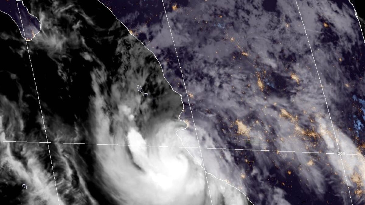 Costa del Pacífico mexicano preparándose para un huracán: oleaje, palmeras al viento, comercios con ventanas protegidas