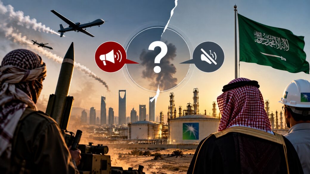 Columna de humo y fuego sobre una instalación petrolera a distancia, evocando el ataque reivindicado contra Aramco, sin confirmar ubicación exacta de los daños.
