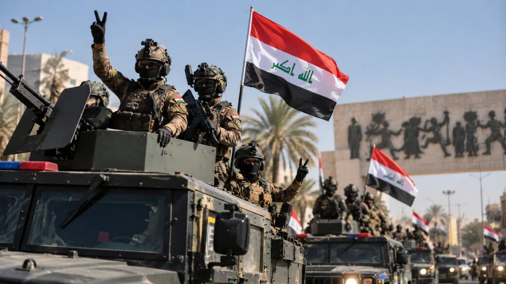 Celebración nocturna callejera en Irak por el feriado del Día de la Soberanía, con banderas iraquíes y ambiente festivo, no una escena militar