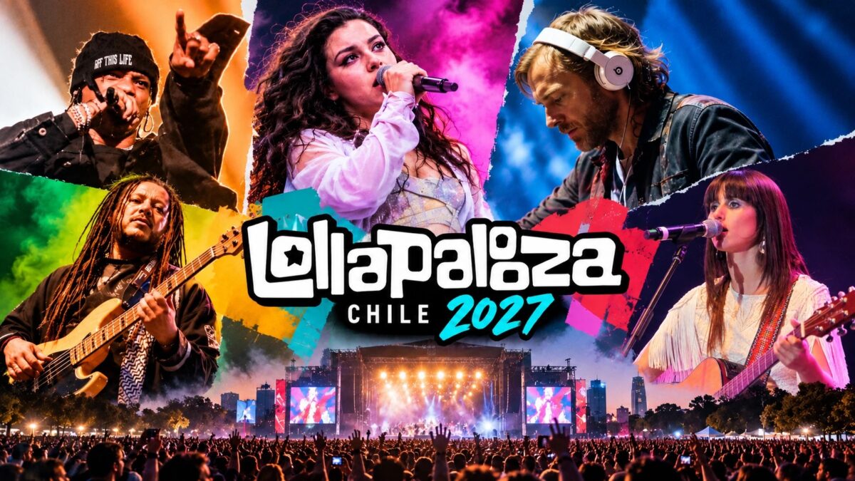 Multitud en un festival de música masivo al aire libre, de noche, con luces de escenario — remite al tipo de evento (Lollapalooza) sin pretender ser la edición 2027 puntual, que aún no ha ocurrido.