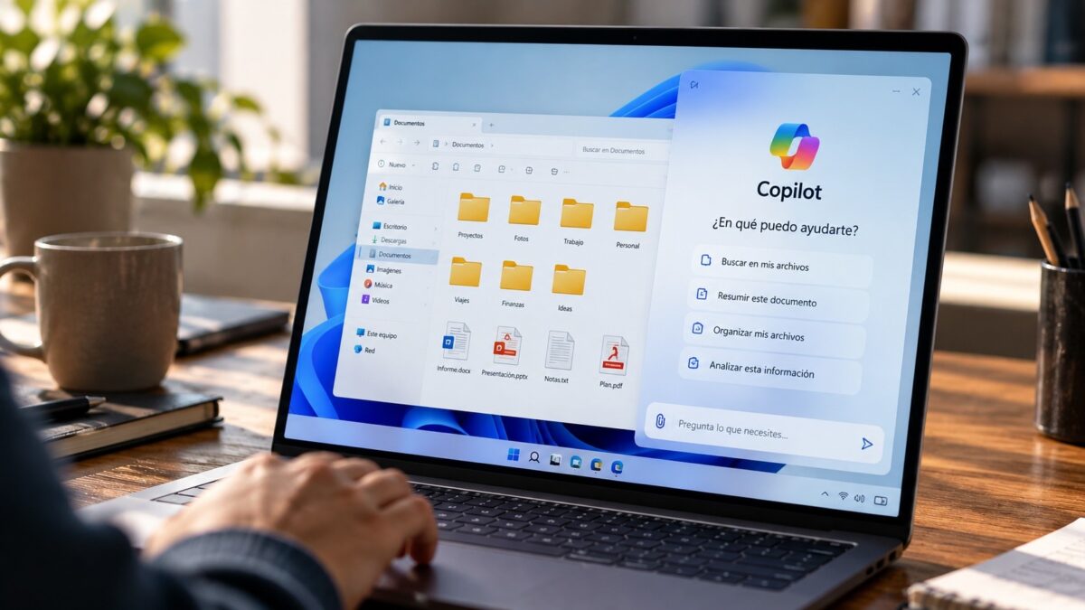 Un portátil con Windows mostrando carpetas y documentos locales en pantalla.