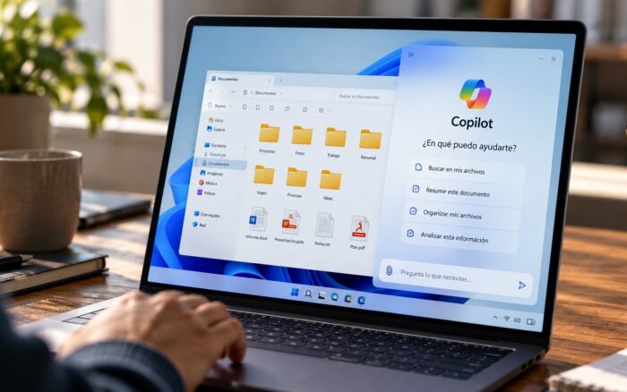 Un portátil con Windows mostrando carpetas y documentos locales en pantalla.