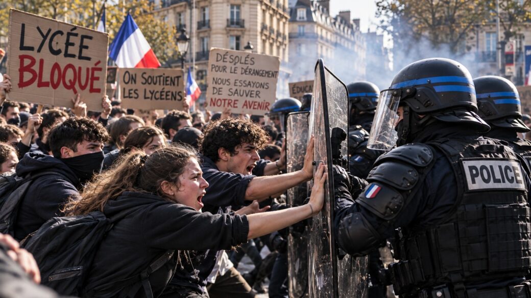 Protesta o bloqueo estudiantil en una calle o entrada de liceo francés, con señales de tensión (humo, vallas policiales) pero sin un hecho puntual ya confirmado visualmente por El Nexo