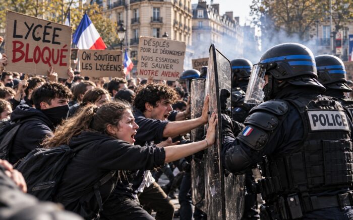 Protesta o bloqueo estudiantil en una calle o entrada de liceo francés, con señales de tensión (humo, vallas policiales) pero sin un hecho puntual ya confirmado visualmente por El Nexo