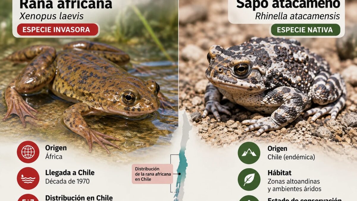 Arroyo somero con puestas de huevos de anfibio en la localidad de Socos, Coquimbo, con una rana africana cercana