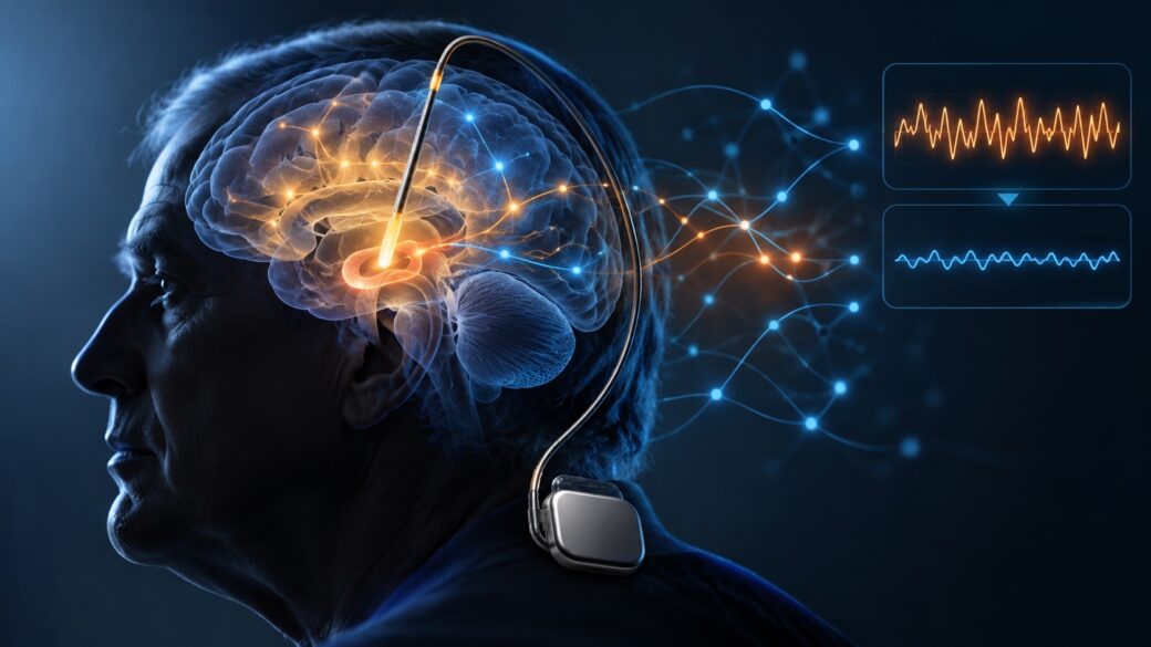 Un laboratorio clínico de neurociencia con una visualización de actividad cerebral o escaneo en pantalla, evocando investigación sobre estimulación cerebral profunda sin mostrar un procedimiento quirúrgico real.