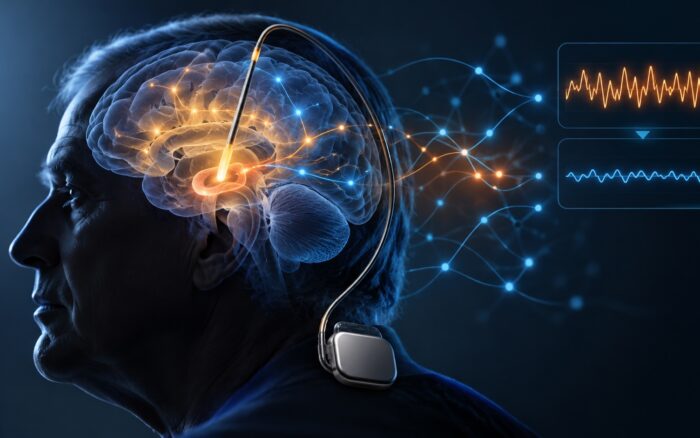 Un laboratorio clínico de neurociencia con una visualización de actividad cerebral o escaneo en pantalla, evocando investigación sobre estimulación cerebral profunda sin mostrar un procedimiento quirúrgico real.