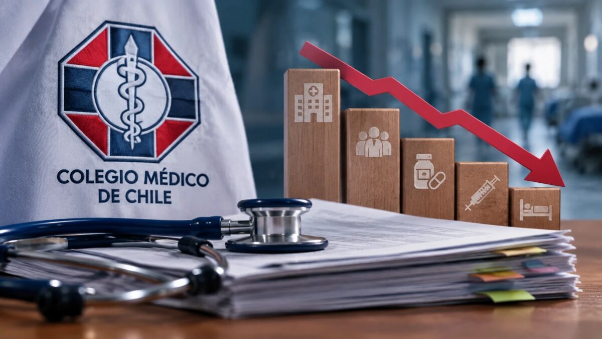 Pasillo o sala de espera de un hospital público chileno con pacientes de espaldas