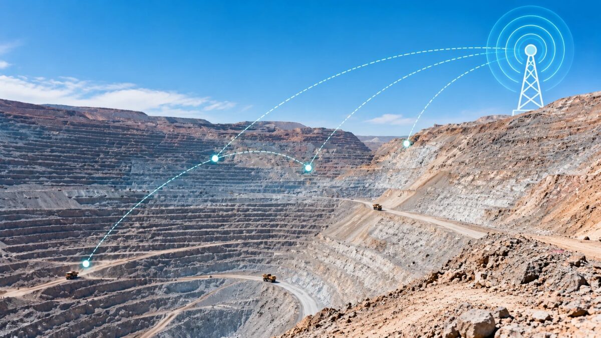 Infraestructura de antena de telecomunicaciones en el borde de una faena minera a tajo abierto, evocando la conectividad 5G industrial aplicada a minería.