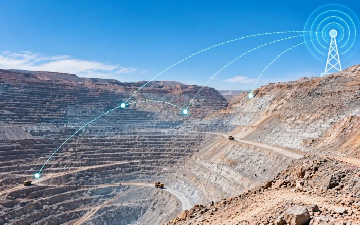 Infraestructura de antena de telecomunicaciones en el borde de una faena minera a tajo abierto, evocando la conectividad 5G industrial aplicada a minería.