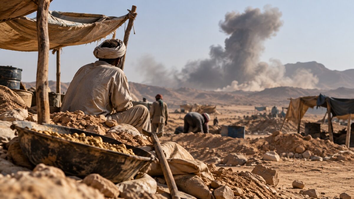 Sitio de minería artesanal de oro en montañas desérticas cerca de la frontera Sudán-Egipto