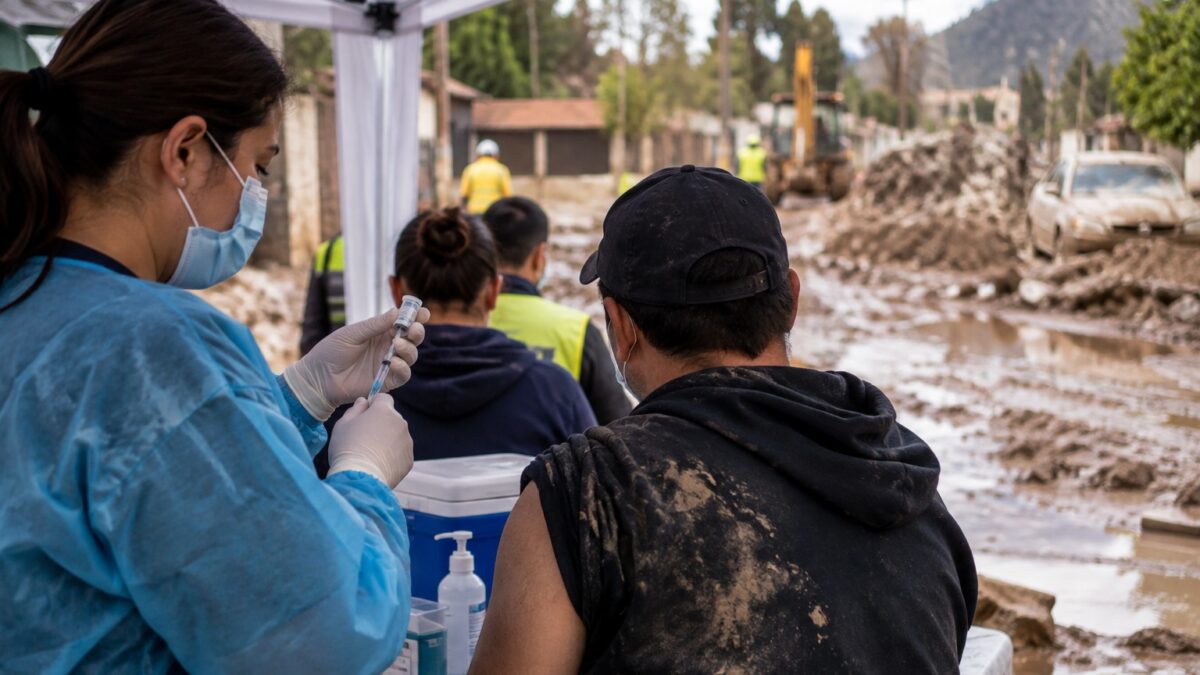 Punto de vacunación en terreno para voluntarios y trabajadores tras el aluvión en Las Condes